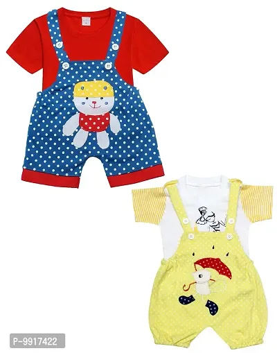 babeezworld dungaree for boys & girls Casual printed pure cotton-pack of 2 (Blue & Yellow; 6-9 Months)-thumb0