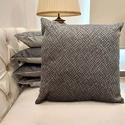 Grey Damask / Self Design / Woven Geometric Zipper Square Combo Cushion Covers (16x16 inch or 40 x 40 cm) Set of 5
