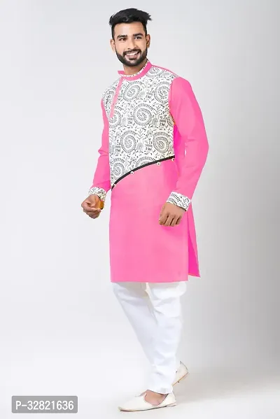 Rainbow Cloths Men Self Design Straight Kurta Pink White