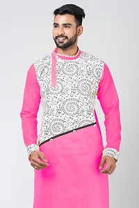 Rainbow Cloths Men Self Design Straight Kurta Pink White-thumb1