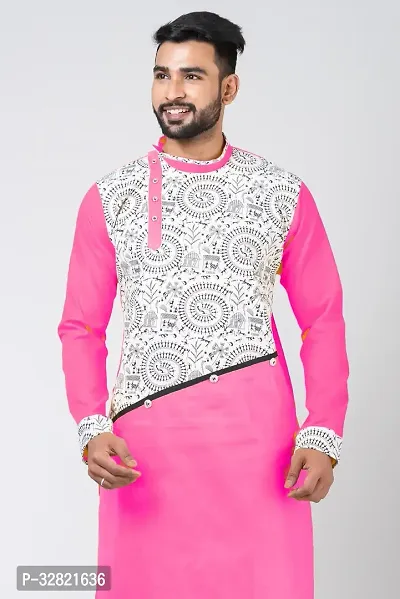 Rainbow Cloths Men Self Design Straight Kurta Pink White-thumb2