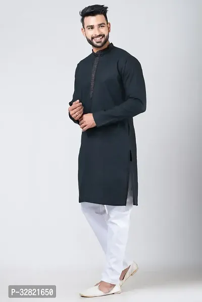 Rainbow Cloths Men Solid Straight Kurta Black-thumb3