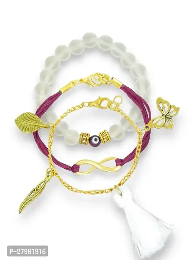 Stack Bracelet: Matte White Transparent Beads, Maroon Evil Eye, Gold tone Chain, Fancy Cube Spacers, Infinity, Leaf  Butterly Hanging Charm