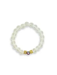 Stack Bracelet: Matte White Transparent Beads, Maroon Evil Eye, Gold tone Chain, Fancy Cube Spacers, Infinity, Leaf  Butterly Hanging Charm-thumb1