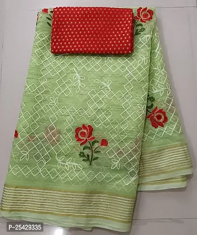 Classic Chanderi Cotton Embroidered Saree with Blouse piece-thumb0