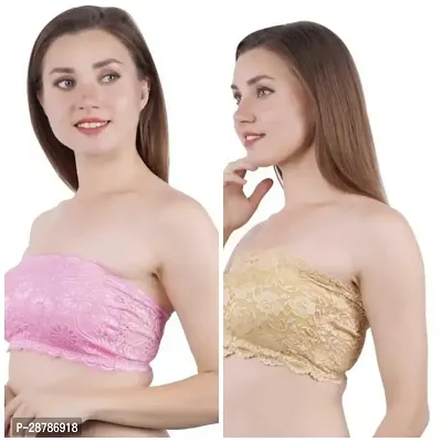 Stylish Multicoloured Net Lace Non Padded Tube Bra For Women Pack Of 2-thumb0