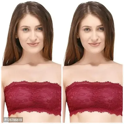 Stylish Red Net Lace Non Padded Tube Bra For Women Pack Of 2-thumb0