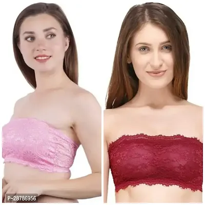 Stylish Multicoloured Net Lace Non Padded Tube Bra For Women Pack Of 2