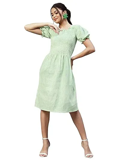 Stylish Green Crepe Striped Dresses For Women