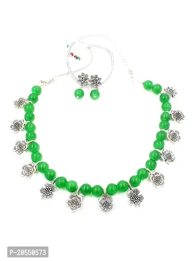 Sreevee Handmade German Silver Oxidised Flower Charms with Green Beaded Necklace and Earring Set with Adjustable Thread Closure for Women  Girls