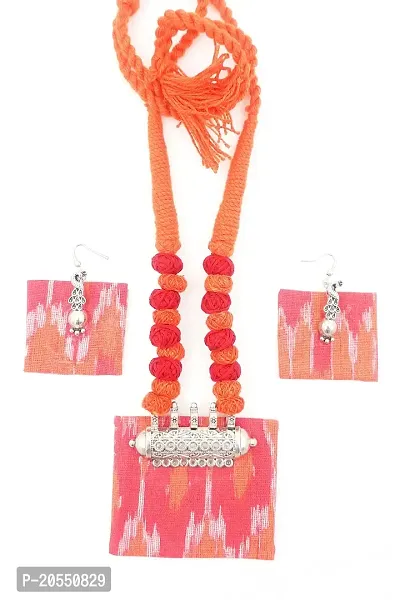 Handmade Orange with Red Fabric Necklace and Earring Jewellery Set For Women and Girls