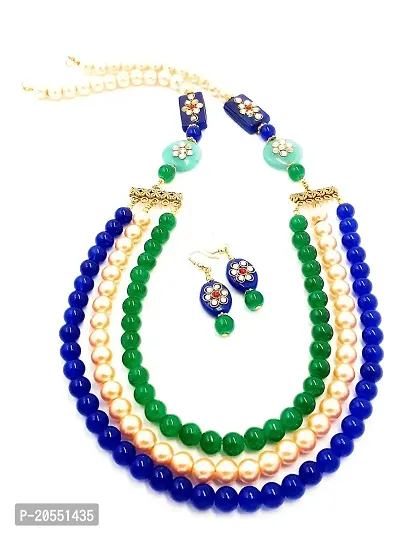 Sreevee handmade Pearl Bead With Kundan Stone Bead Necklace And Matching Earring Jewellery Set For Women  Girls (Blue  Green and Pearl)-thumb0