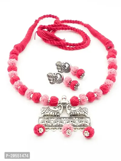 Sreevee handmade Pink Cotton Beads With Oxidized Silver Pendant Dori Type Jewellery Set For Women