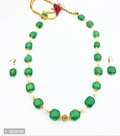 Sreevee handmade Green Stone Tumble and Pearl Beads Necklace and Earring Jewellery set for Women and Girls