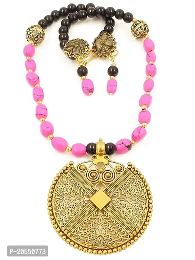 Sreevee handmade Handcrafted Oxidized Gold Plated Pendant with Pink and Black Beaded Necklace and Earring Jewellery Set for Women and Girls
