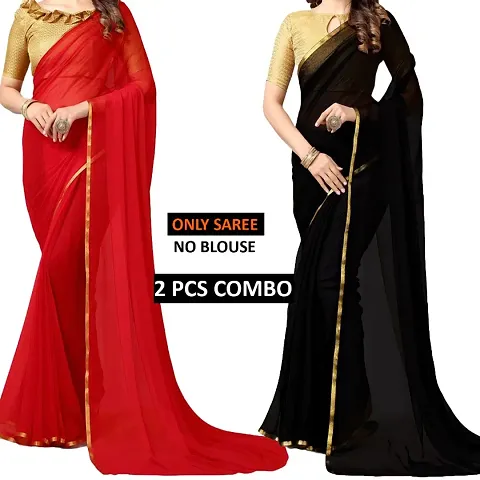 Classic Chiffon Solid Saree without Blouse, 2pcs