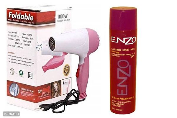 Ultimate Combo Of Mini Hair Dryer 1290 With Enzo Hair Setting Spray.