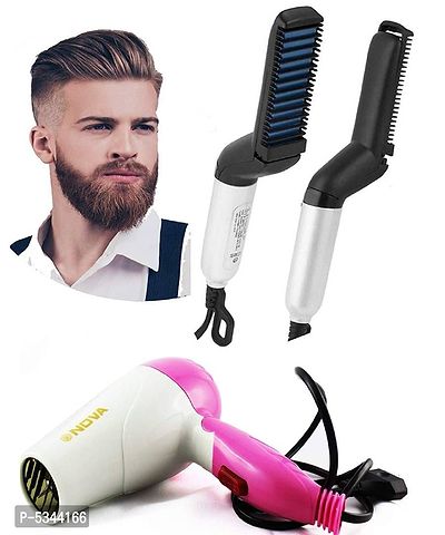 Ultimate Combo Of Mini Hair Dryer 1290 With Electric Beard Straightener Comb Set-thumb0