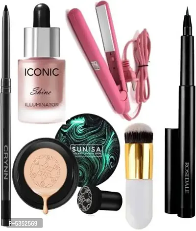 Smudge Proof Rosedale Kajal And Hair Straightener And Sunisa Air Cushion foundation And Iconic Shine Illuminator Highlighter And Makeup Brush And Yanqina Precision Eyeliner