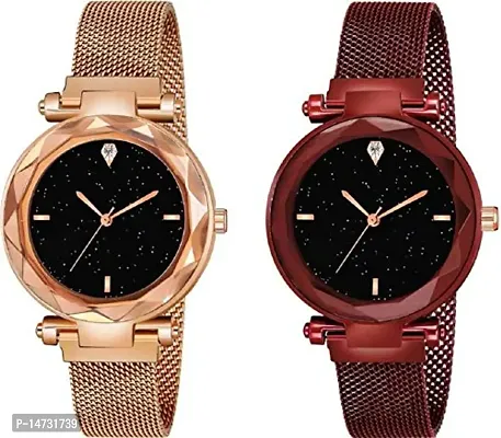 Casual Shree NAVDURGA Designer Black Dial Combo of Magnet Watch - Pair of 2 - for Girls  Women (Gold RED)
