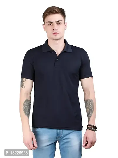 OZIO Men's Cotton Regular Fit Solid Polo Neck T-Shirt Navy