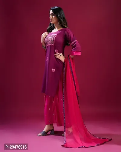 Stylish Rayon Pink Embellished Kurta, Bottom And Dupatta Set For Women-thumb5