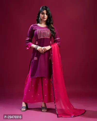 Stylish Rayon Pink Embellished Kurta, Bottom And Dupatta Set For Women-thumb0