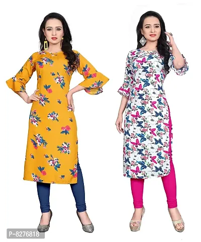 BLANCORA Women's Crepe Printed Bell Sleeve Keyhole Neck Straight Kurta Combo(Pack of 2)-thumb0