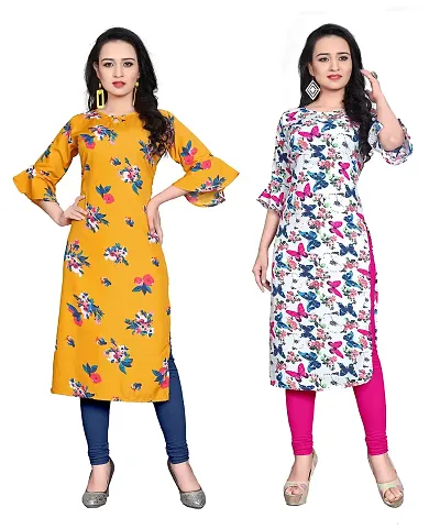 BLANCORA Women's Crepe Bell Sleeve Keyhole Neck Straight Kurta Combo(Pack of 2)