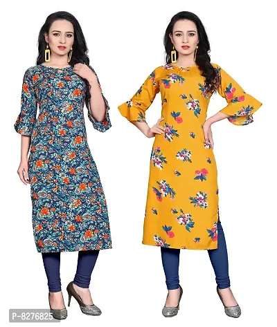 BLANCORA Women's Crepe Printed Bell Sleeve Keyhole Neck Straight Kurta Combo(Pack of 2)