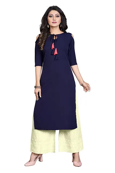 Glance Designs Women's Crepe Solid Cold Shoulder Keyhole Tie Knot Neck Straight Kurta