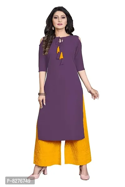 BLANCORA Women's Crepe Solid Cold Shoulder Keyhole Tie Knot Neck Straight Kurta