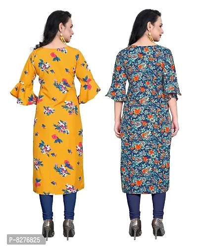 BLANCORA Women's Crepe Printed Bell Sleeve Keyhole Neck Straight Kurta Combo(Pack of 2)-thumb2