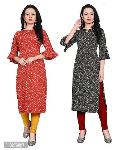 BLANCORA Women's Crepe Printed Bell Sleeve Keyhole Neck Straight Kurta Combo(Pack of 2)-thumb0