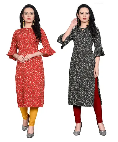 BLANCORA Women's Crepe Bell Sleeve Keyhole Neck Straight Kurta Combo(Pack of 2) (combo132-133-XXL_Multicolor_XX-Large)