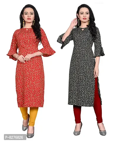 BLANCORA Women's Crepe Printed Bell Sleeve Keyhole Neck Straight Kurta Combo(Pack of 2) (combo132-133-XXL_Multicolor_XX-Large)-thumb0