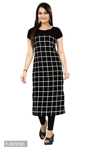 BLANCORA Women's Crepe Checkered Printed Short Sleeve Straight Trendy Kurti-thumb0