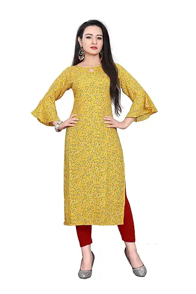 Glance Designs Women's Crepe Bell Sleeve Keyhole Neck Straight Kurta