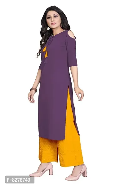 BLANCORA Women's Crepe Solid Cold Shoulder Keyhole Tie Knot Neck Straight Kurta-thumb3