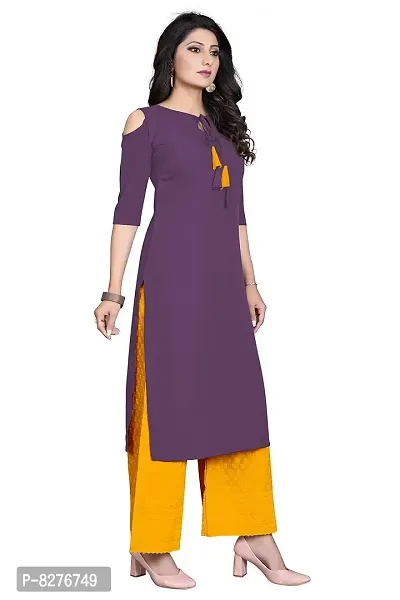 BLANCORA Women's Crepe Solid Cold Shoulder Keyhole Tie Knot Neck Straight Kurta-thumb2