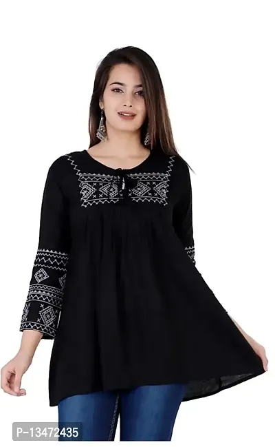 ANJAYA Wome's Embroidered Rayon Top Tunic Dress for Girls (XX-Large, Black)-thumb0