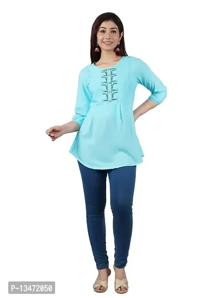 ANJAYA Wome's Embroidered Rayon Top Tunic Dress for Girls (Small, Sky Blue)-thumb0