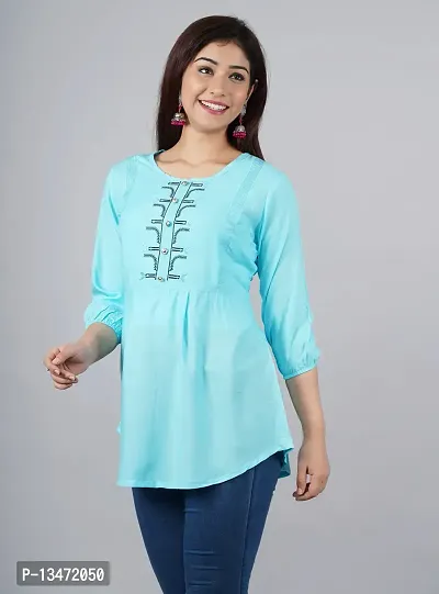 ANJAYA Wome's Embroidered Rayon Top Tunic Dress for Girls (Small, Sky Blue)-thumb3