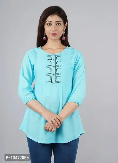 ANJAYA Wome's Embroidered Rayon Top Tunic Dress for Girls (Small, Sky Blue)-thumb5