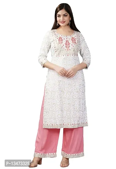 Anjaya Women's Embroidered Rayon Kurta Pant Set (X-Large, White)-thumb0