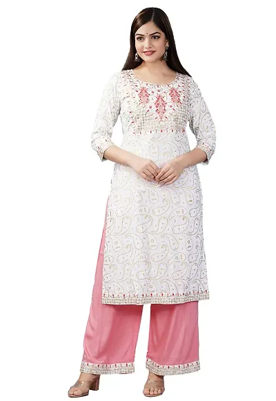 Anjaya Women's Embroidered Rayon Kurta Pant Set (X-Large, White)