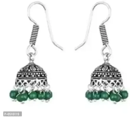 Stylish Brass Green German Silver Artificial Beads Jhumka Earrings For Women