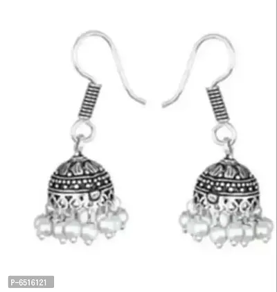 Stylish Brass White German Silver Artificial Beads Jhumka Earrings For Women