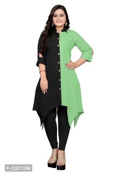 Solid Regular Fit V Neck Show Botton Three Quarter Sleeve Double Colors Crep Kurti for Girls  Womens-thumb0