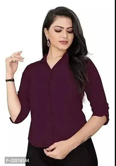 Stylish Purple Cotton Blend Solid Slim Fit Shirt For Women-thumb0